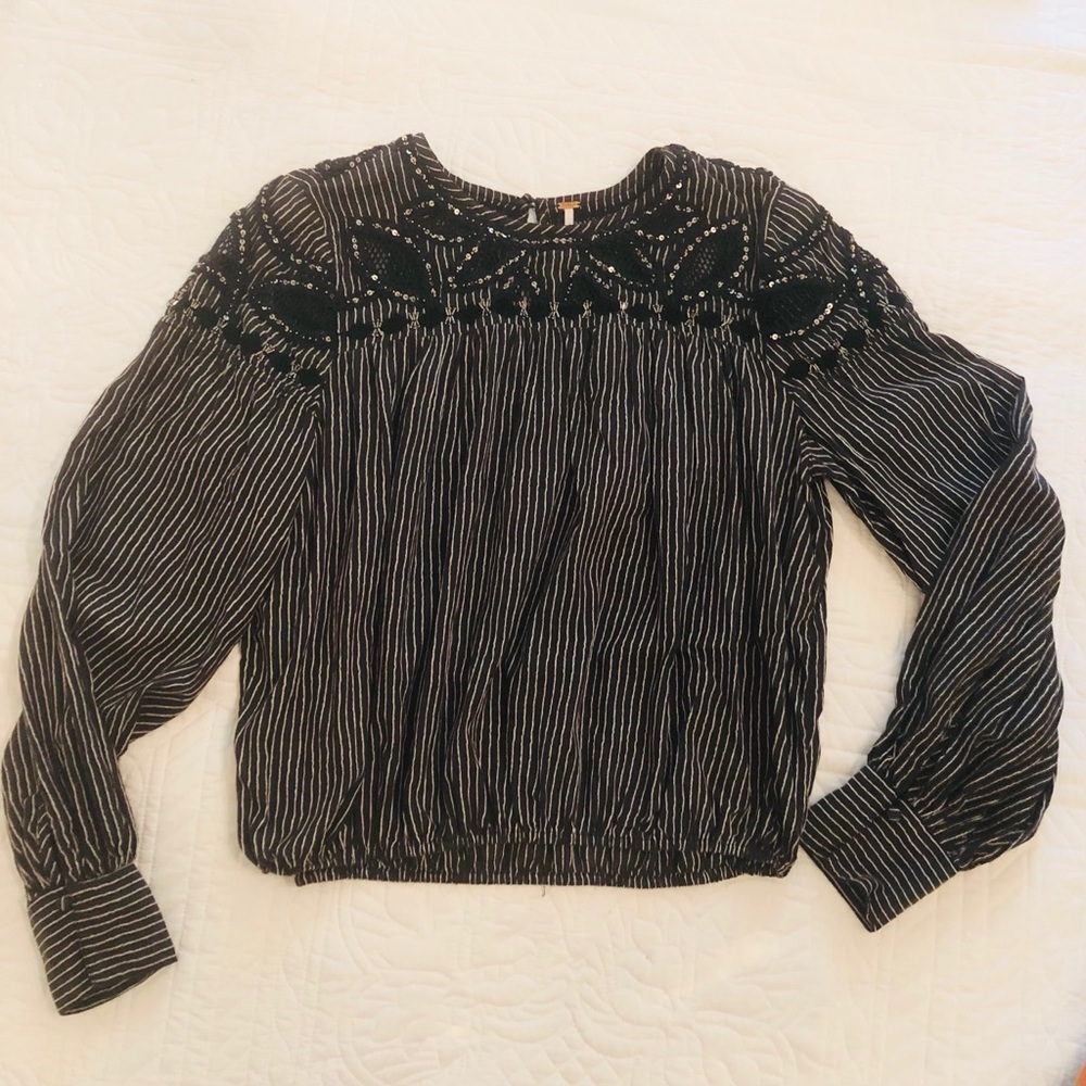 Free People Black/White Stripe Blouse Size L